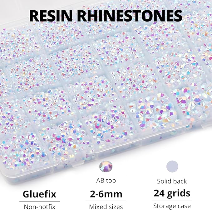 31000Pcs White AB Resin Rhinestones for Bedazzling, Assorted Sizes 2-6mm White AB Flatback Bedazzle Gems, Bedazzling Kit with B7000 Glue for Crafts Crafting Clothes and More