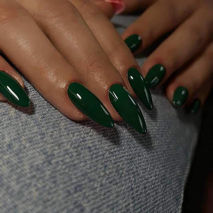 Dark Green Press on Nails Almond Shaped Medium Almond Nails Press on Neutral Acrylic Nails Reusable Fake Nails for Women Girls, Glue on Nails Medium Length Stiletto False Nails Gel Artificial Nails