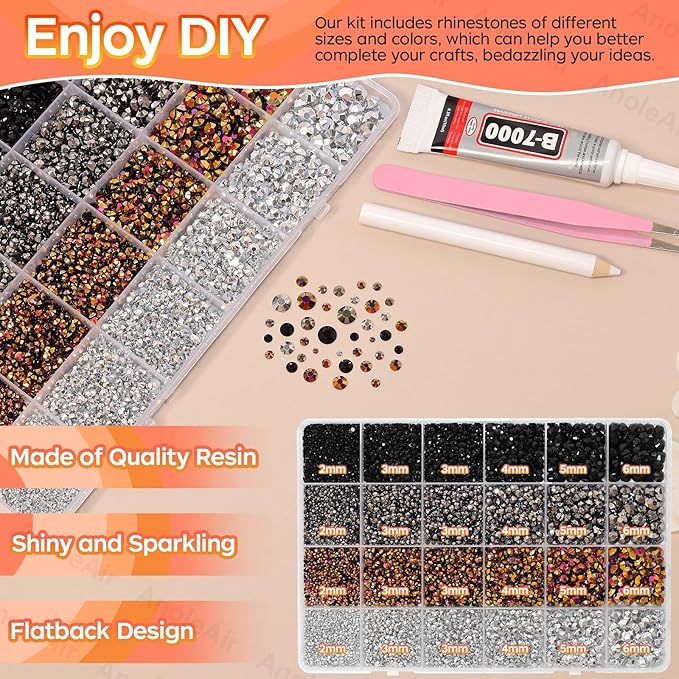 26000PCS Black Gold Silver Resin Flatback Rhinestones for Crafting, Gold Silver Black Resin Rhinestones for Bedazzling Kit, 2/3/4/5/6mm Flatback Gems Jewels for DIY Mugs Tumblers Clothing Shoes