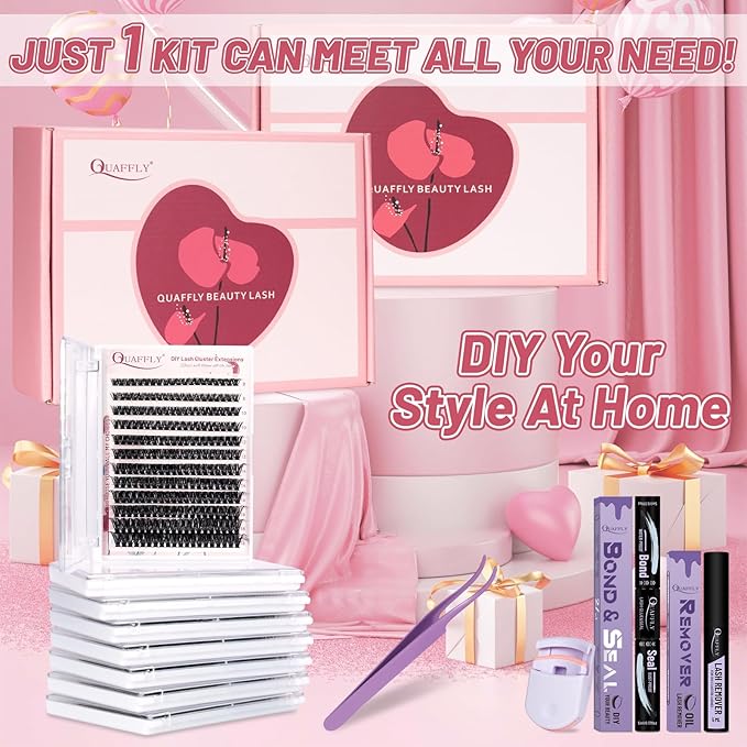 Valentine's Day Eyelash Gift Set 1896Pcs DIY Lash Extension Kit With 8 trays of mixed-style lashes Bond&Seal Remover Tweezer Lash Curler Individual Lash Set for Easy At-Home Use(8-18mm D-Curl)