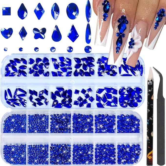 Nail Rhinestones - 3D Multi Shape Size, Flat Back, Crystals Manicure Rhinestones Charms, Blue Nail Gems, with Kit, for Nail Art, Bedazzling Acrylic Nails, DIY Decor