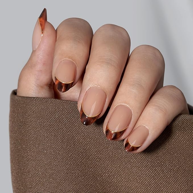 BTArtbox Press On Nails Short Almond - Tortoise Shell, Winter French Tip Press On Nails, Soft Gel Fake Nails Brown, Reusable Glue On Nails with Nail Glue in 16 Sizes, 32 Stick On Nail Kit