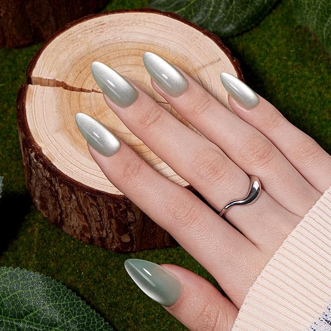VSALON Press On Nails Medium Almond, Green Cat Eye Holographic Chrome Nails, Salon Quality Shimmer Fake Nails Kit - 32 PCS Stick on Nails in 16 Sizes with Glue & Cuticle Oil