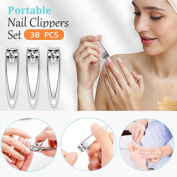 30-Pack Fingernail Clippers Pack, Stainless Steel Small Nail Clippers in Bulk, Portable Travel Mini Finger Nail Clippers for Women Men Homeless Care Package Supplies Bulk Set