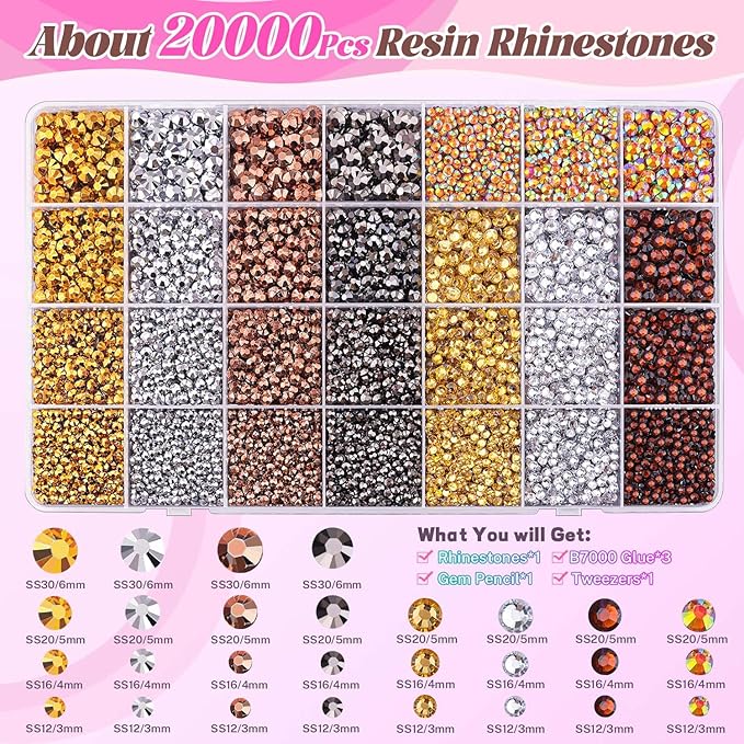 20000Pcs Metallic Rhinestones for Bedazzling with 3Pcs B7000 Jewelry Glue, Resin Rhinestones for Crafting Crafts，Bedazzler Kit Flatback Gems for Clothing Shoes Tumblers Nail Art