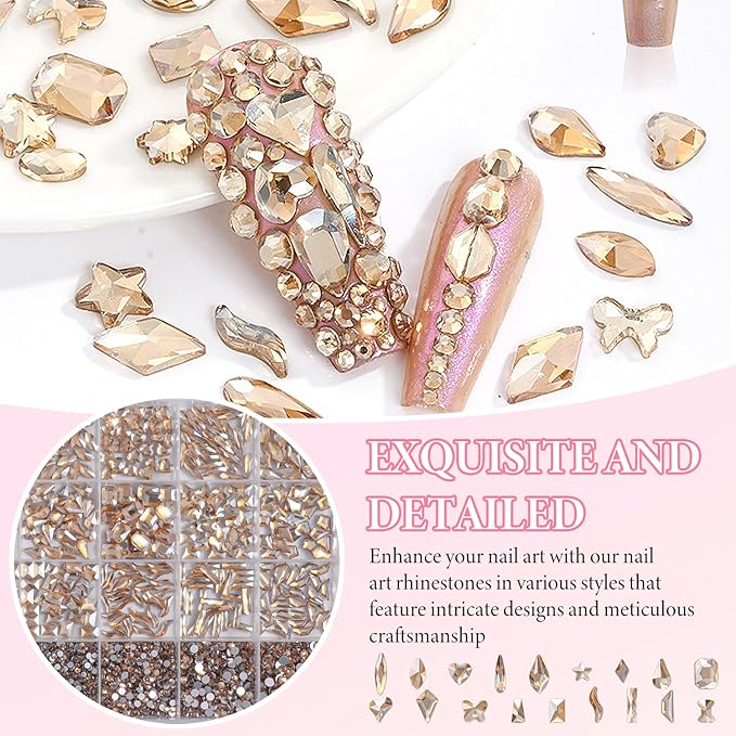 Champagne Gold Nail Art Rhinestones Kit Multi Shapes Crystal Flatback Nail Gems Half Round Rhinestones for Nails, Gold Gems Crystals Glass Rhinestone for Nails Art DIY Supplies Craft