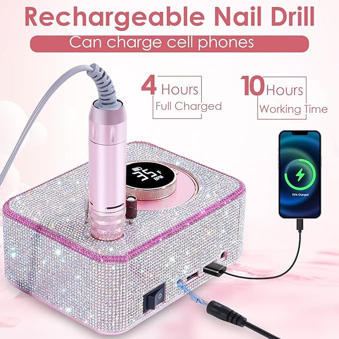 Electric Nail Drill 35000 RPM, Professional Rechargeable Nail File Kit, Nail Drill Machine, Acrylic Nail Kit for Any Manicure, Pedicure, Ideal Nail Art Tools, Designed for Salon, Home