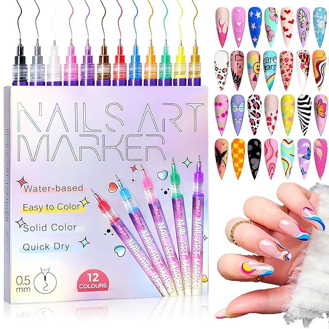 12 Colors Nail Art Pens Set, Nail Art Markers for Painting Nails - 0.5mm Fine Tip Nail Pens for Nail Art, Water-Based Quick Dry Nail Art Supplies Kit, Solid Color DIY Nail Art Tools