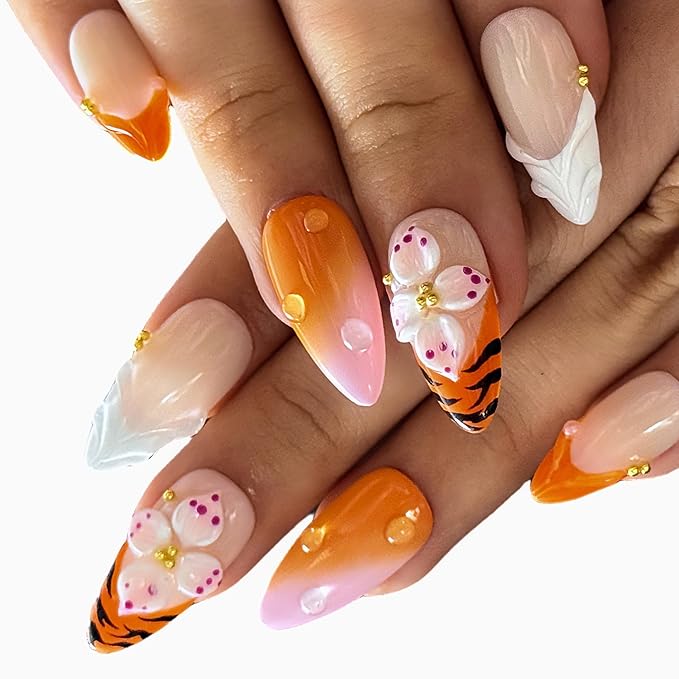 Luxury Medium Almond Press On Nails – French Tip with 3D Flowers, Pearls & Gold Design | Reusable Acrylic Gel Fake Nail | hand made nails