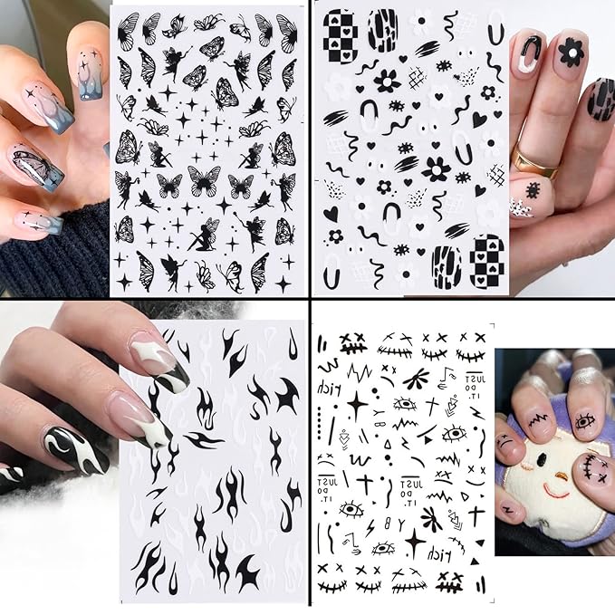 8 Sheets Cloud Moon Nail Stickers, 3D Black White Design Self-Adhesive Nail Art Decals,Flame Starlight Butterflies DIY Manicure Decorations for Women Girls