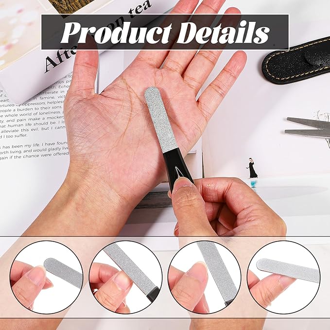 Nail File for Men - 3 Pack Metal Nail File Travel Fingernail Files Small Double Sided Fine Grit Stainless Steel Fingernail Files with Leather Case