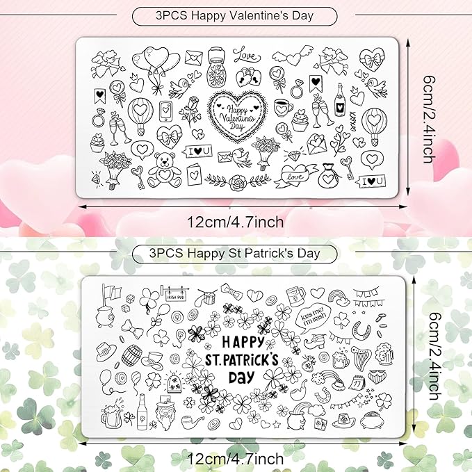 Whaline 6 Pcs St. Patrick's Day Valentine Nail Art Stamping Plates Kit Love Heart Spring Shamrock Image Stamp Templates Nail Art Plates Set for DIY Print Manicure Salon Design