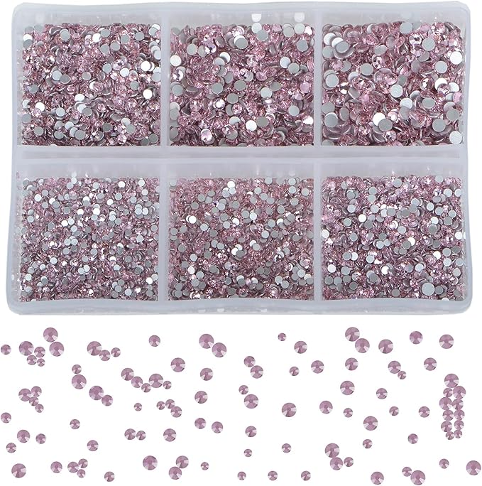 Bymitel 7200 Pieces 6 Mixed Sizes Glue Fix on Glass Rhinestones Round Crystal Gems Flatback for DIY Jewelry Making with one Picking Pen(6-Sizes 7200PCS, Lt. Rose)