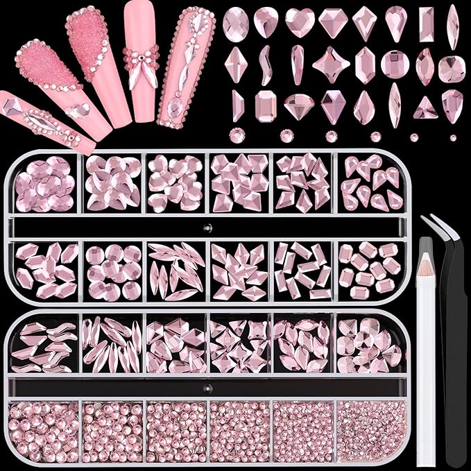 1680Pcs Pink Glass Nail Rhinestones 180Pcs Multi Shapes Flatback Nail Gems + 1500Pcs 1.5-4mm Round Crystal, Manicure Nail Charms Diamond Gemstones for Acrylic Nails Decoration
