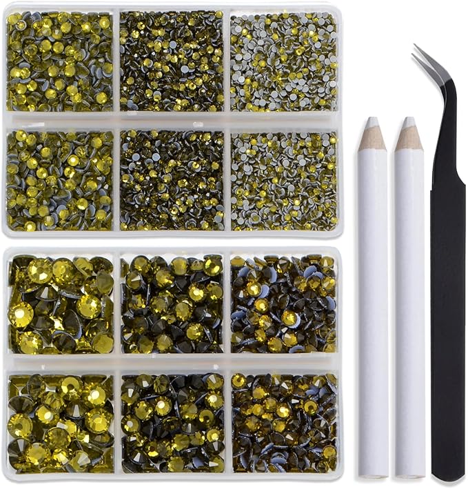 Bymitel Hotfix Crystal Rhinestones Round Gems for Crafts,Mixed 6 Sizes with Wax Pencil Kit, Olivine 1.6-6.3mm SS4-SS30/8000pcs
