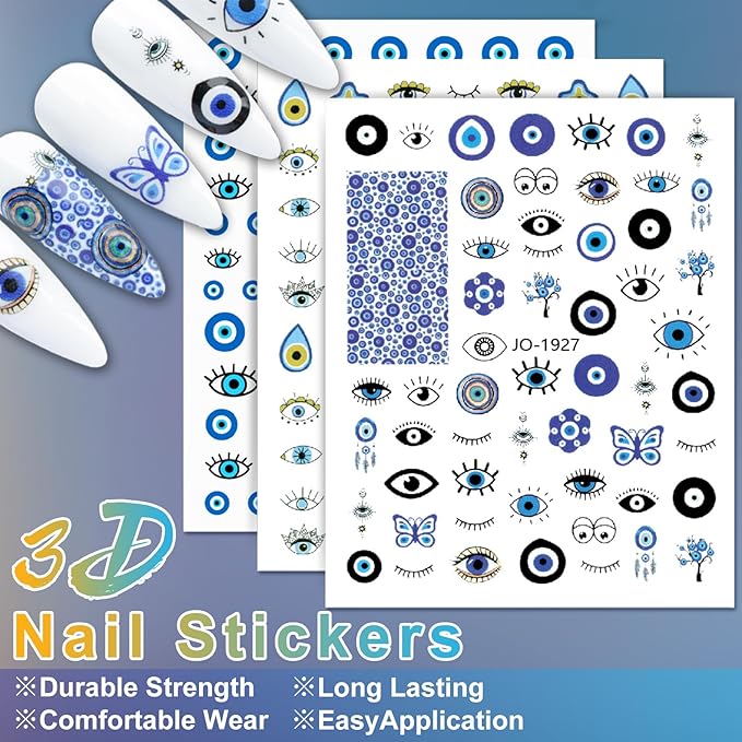 12 Sheets Evil Eye Nail Art Stickers Decals Self Adhesive Pegatinas Uñas Turkish Blue Eye Hamsa Hand Eye of Fatima Manicure Tips Devil Eye Nail Decoration for Women Girls Gift 807-7