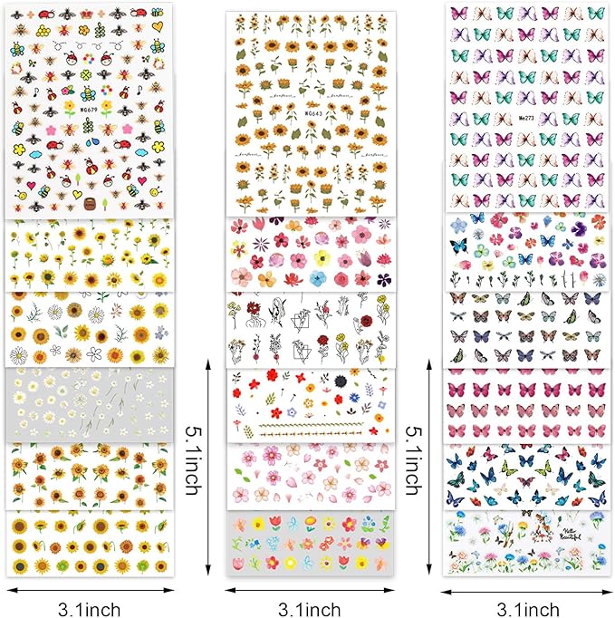 Whaline 18 Sheets Floral Butterfly Nail Art Stickers Daisy Flower Blossom Sunflower Bee Assorted Colorful Decorative Self-Adhesive Nail Decals for Spring Summer DIY Manicure Party Decor