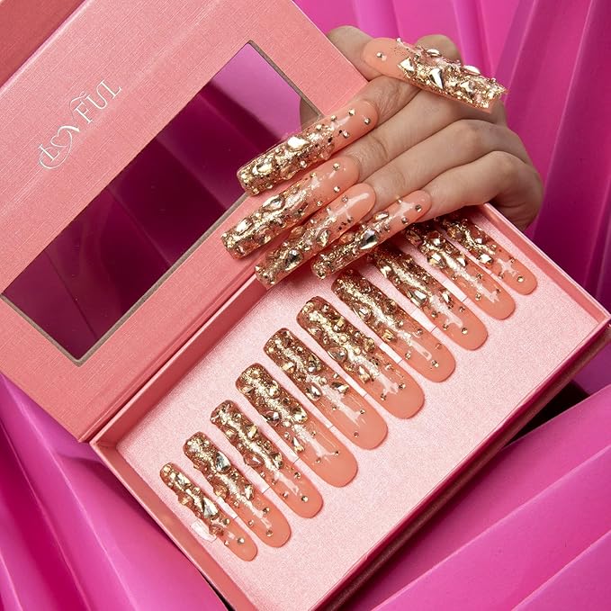 LOVFUL Gold Bling Press On Nails, Stunning Drill Glue On Nails, Luxury Fake Nails, Princess Nails | Handmade Nails l Fake Stick on nails| Square Long 2.2 in | H84 (M)