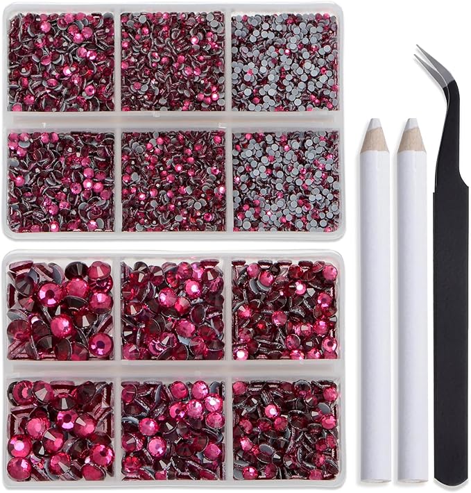 Bymitel Hotfix Crystal Rhinestones Round Gems for Crafts,Mixed 6 Sizes with Wax Pencil Kit, Fuchsia 1.6-6.3mm SS4-SS30/8000pcs