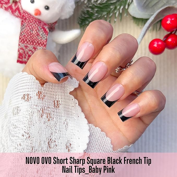 NOVO OVO Short Sharp Square Black French Tip Nail Tips Press on BABY PINK, Extra Thick NEED Nail Glue Builder Gel Top Coat, Soft Gel Full Cover Fake Flase Nail Extension for DIY x 15 Sizes 240 pcs