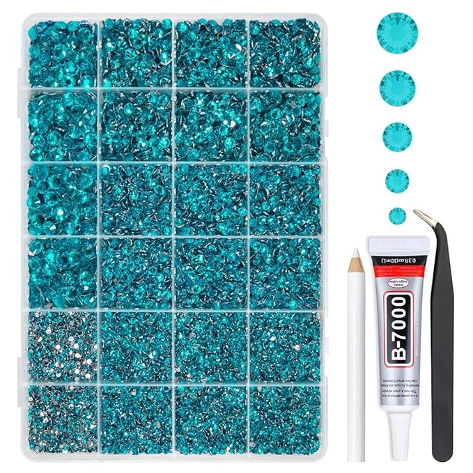 Teal Blue Crystal Resin Rhinestones w B7000 Glue for Bedazzling Crafting 2-6mm Flatback Stones Gems Turquoise Diamonds Crystals Bedazzler Kit for Nails Face Eyes Makeup Tumblers Bottles Crafts