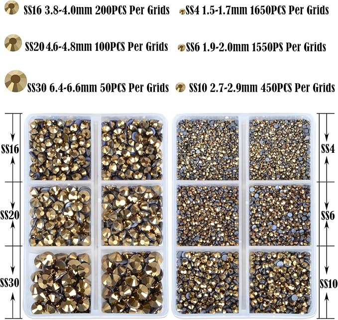 NCB Hotfix Iron on 8000pcs Crystal Rhinestones Round Gem for Crafts Decoration DIY Jewelry Making with a Tweezers and 2 Picking pens (Aurum, 6Sizes SS4-SS30)