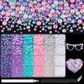 14000Pcs Flatback Pearls and Rhinestones for Crafting, Pink Purple White Mixed Size 3-8mm Resin Rhinestones and Half Pearls for Bedazzling, Nail Art with Tweezers and Pickup Pencil