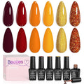 Beetles Gel Nail Polish Set 6 Colors Gel Polish Red Orange Brown Gold Glitter Kit DIY Home Nail Art Manicure Kits UV LED Needed Gifts for Women Golden Blessing
