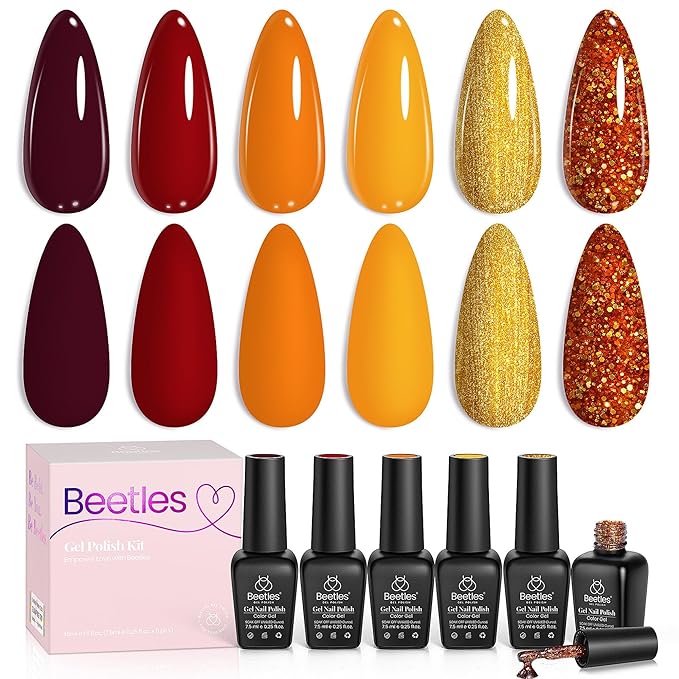 Beetles Gel Nail Polish Set 6 Colors Gel Polish Red Orange Brown Gold Glitter Kit DIY Home Nail Art Manicure Kits UV LED Needed Gifts for Women Golden Blessing