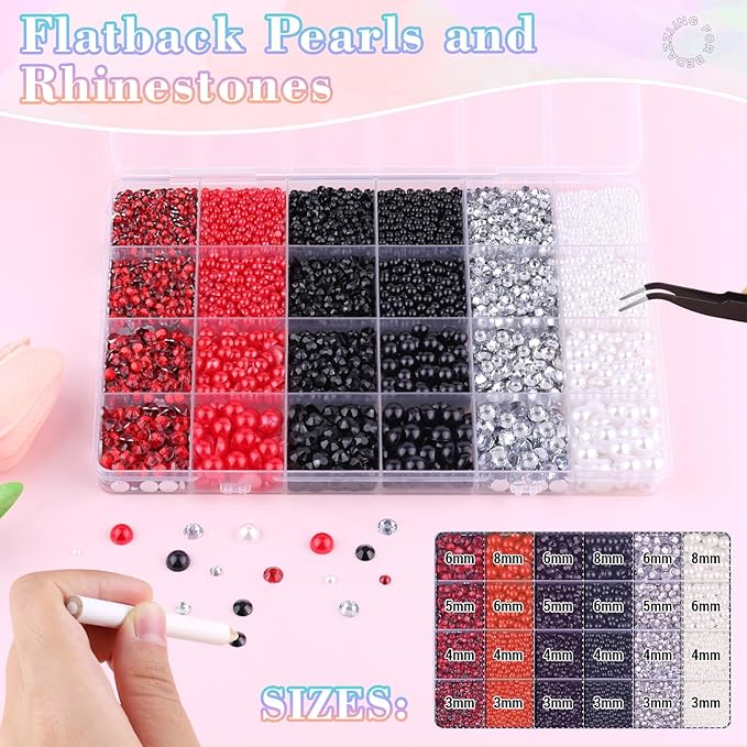 14000Pcs Flatback Pearls and Rhinestones for Crafting, Red White Black Mixed Size 3-8mm Resin Rhinestones and Half Pearls for Bedazzling, Nail Art with Tweezers and Pickup Pencil