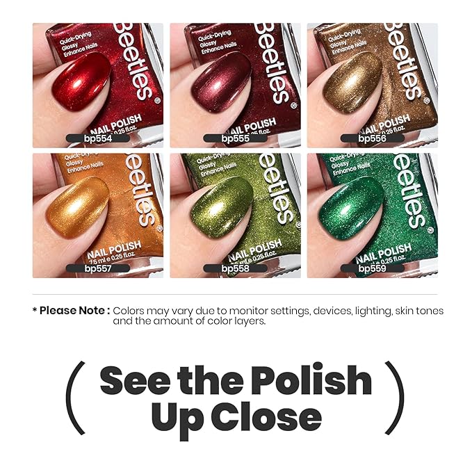 Beetles Valentines Nail Polish Set - Glamour Era 6 Colors Quick Dry Glitter Burgundy Red Gold Green Yellow High-Gloss Long-Lasting Nail Polish for Winter DIY At-Home Manicure Gift for Women
