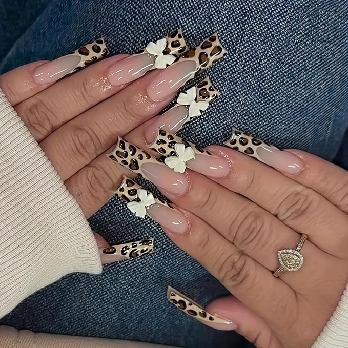 French Tip Press on Nails Long Square MABKJLF Fake Nails False Nails with Leopard Print Bow Charms Designs Fall Glossy Glue on Nail Autumn Acrylic Nails for Women Girls 24Pcs