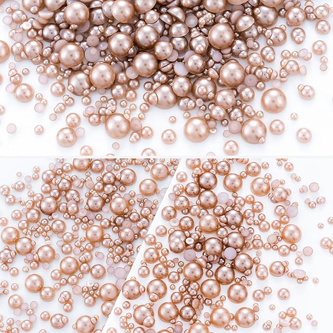 60g Light Coffee Flatback Half Round Pearls Mixed Size 3-10mm Resin Craft Beads for Nail Art, Face Gems, DIY Jewelry Making