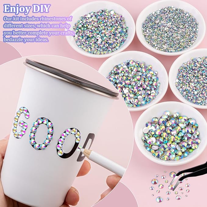 16000Pcs Resin Rhinestones with Tweezers for Crafting, AB 2-6mm Mixed Sizes Non Hotfix Flatback Gems, Bedazzling Crystal for DIY Crafts Clothing Tumblers Mugs Shoes Fabric Decor Nail Art