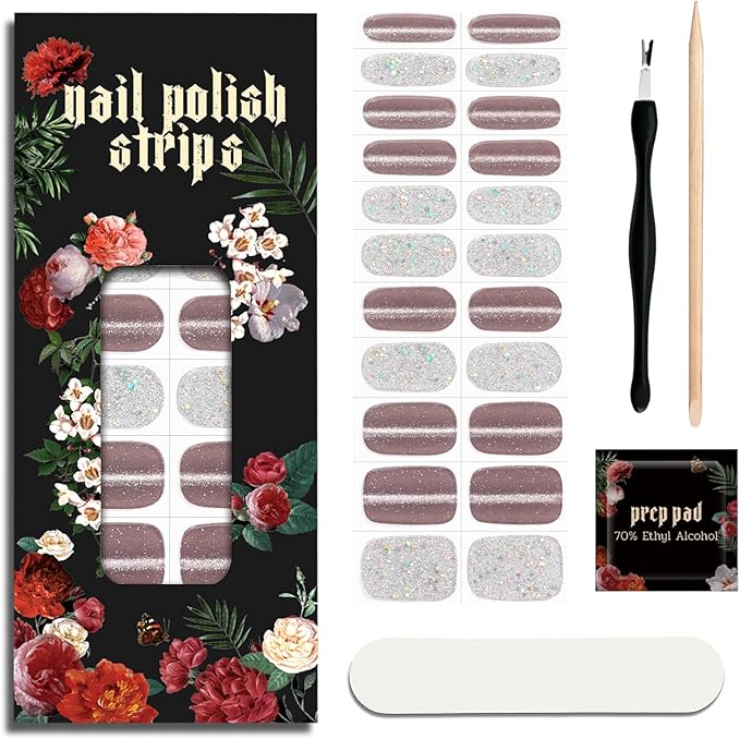 Nail Polish Strips (No UV Lamp Needed) - 22 Pcs Salon Quality Gel Nail Stickers - Long Lasting Wraps (Silver Moon Haze)
