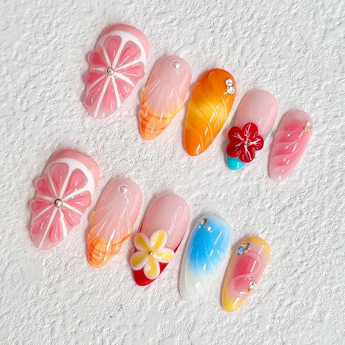 Luxury Press on Nails Medium Almond Handmade 3D Unique Reusable ABS Material Fake Nails Pink Grapefruit False Nails with Designs Red Flower Shell Art Petal Glossy Glue on Nails Thick Acrylic Nails(S)