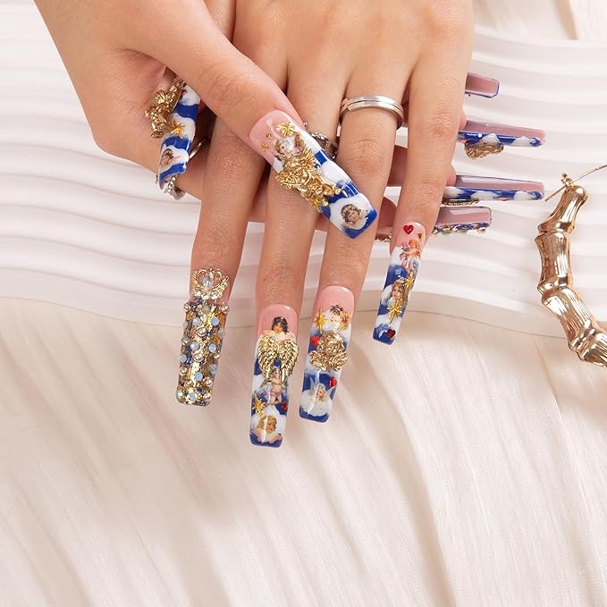 LOVFUL Press on Nails the Palace of Murals| Handmade with Full Covered Crystals| Reusable Fake Nails| Square Mid length 1.7in| H174-M