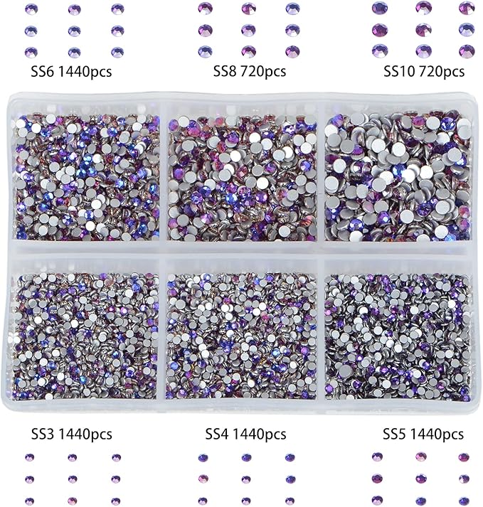 Bymitel 7200 Pieces 6 Mixed Sizes Glue Fix on Glass Rhinestones Round Crystal Gems Flatback for DIY Jewelry Making with one Picking Pen(6-Sizes 7200PCS, Purple Velvet)
