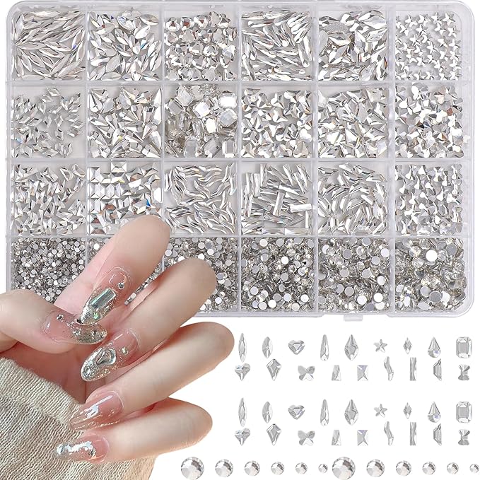 White Nail Art Rhinestones Kit, Multi Shapes Sizes Crystal Flatback Nail Gems Half Round Rhinestones for Nails, White Gems Crystals Rhinestone for Nails Art DIY Supplies Craft