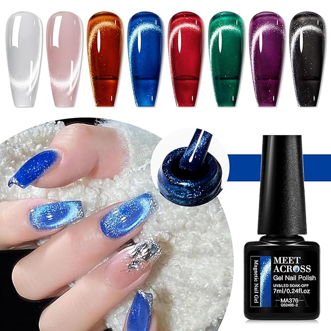 MEET ACROSS 8 Colors Magnetic Gel Nail Polish Kit With Magnetic Stick, All Season Colors Cat Eye Gel Polish, Long-Lasting Cat Eye Nail Gel for Salon Home Nail Art Manicure