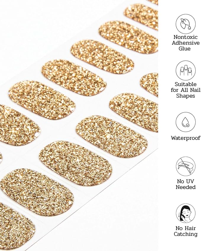 Nail Polish Strips (No UV Lamp Needed) - 22 Pcs Salon Quality Gel Nail Stickers - Long Lasting Wraps (Disco Ball Gold)