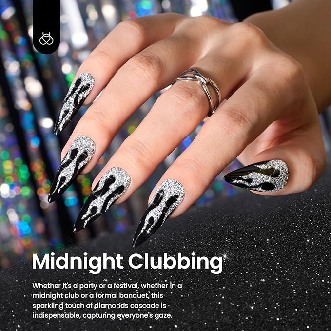Beetles Reflective Glitter Gel Polish, 2 Pcs Liner Gel Nail Polish Set Black Silver Nail Art Glitter Soak off Uv Lamp Manicure Diamond Shinning Liner Nails Art Design Gifts for Women