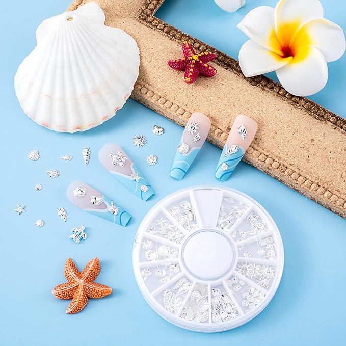 2 Disc Ocean Nail Art Charms, Beach Starfish Sea Seashell Nail Decal, Alloy 3D Gems Jewelry Decoration Supplies for Manicure DIY Embellishments 12 Style- Silver