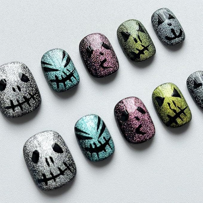 Halloween Press on Nails Short Square Handmade Nails 3D Unique Reusable ABS Material Fake Nails Cute False Nails with Designs Glitter Sparkly Glossy Glue on Nail Thick Acrylic Nail(S)
