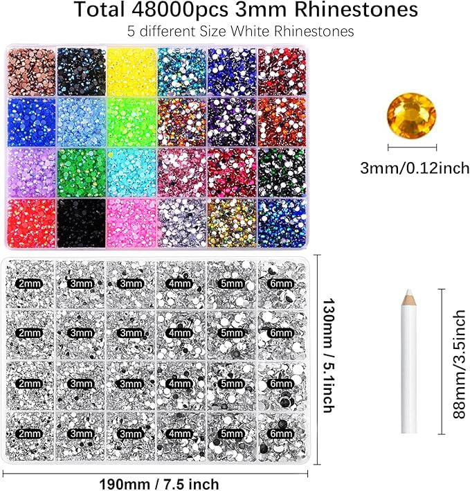 48000Pcs Gems for Crafting,Resin Jelly Rhinestones, 24 Color 3mm Flatback Gems with 24 Grid White Rhinestones for Diamond Art DIY Crafts Clothing Shoes Nail Art Decoration ZS003