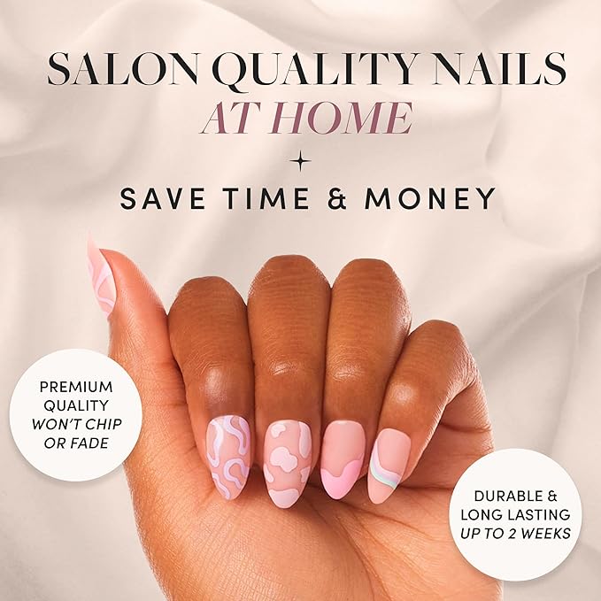 Glamnetic Press On Nails & Brush On Nail Glue Bundle - Wild Card | Semi-Transparent Short Almond Nails with Trendy Pastel Prints | 12 Sizes - 24 Nail Kit with Glue | Reusable, Salon-Quality Fake Nails