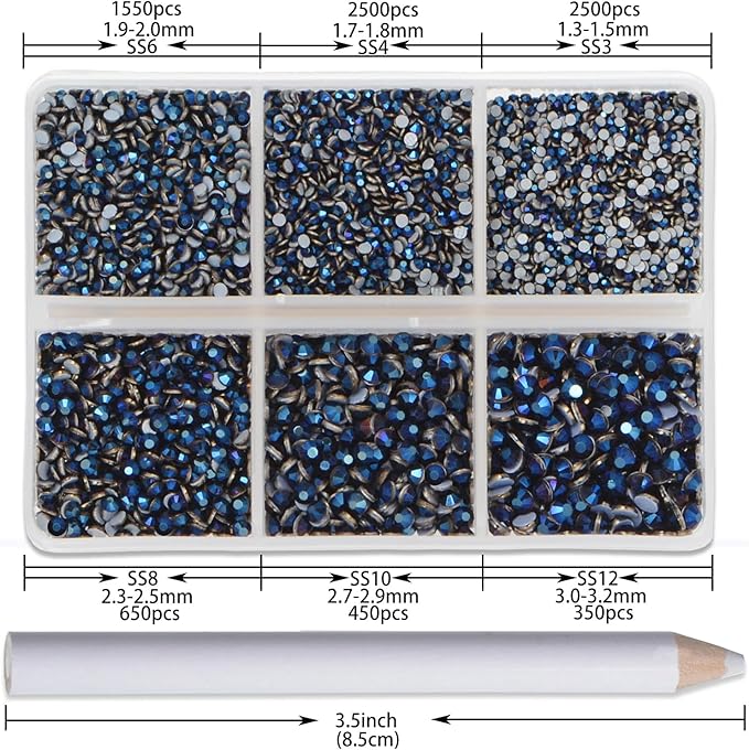 NCB Hotfix Iron on 8000pcs Crystal Rhinestones Round Gem for Crafts Decoration DIY Jewelry Making with a Picking Pen (Mine Blue, 6Sizes SS3-SS12)
