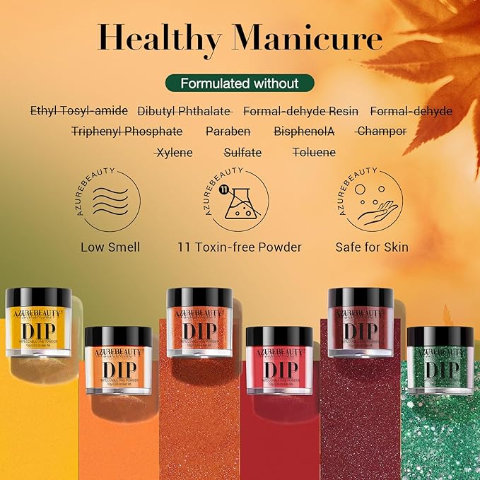 AZUREBEAUTY Fall Dip Powder Nail Set Yellow Orange Gold Red Shimmery Green Glitter 6 Colors Dipping Powder Starter Kit French Nail Art Manicure DIY Salon, No Need Nail Lamp Cured