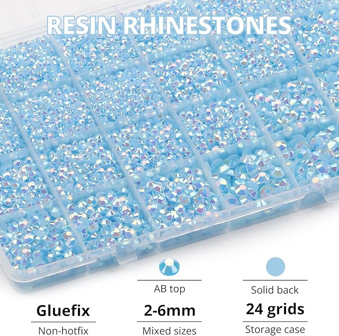 31000Pcs Light Blue Resin Rhinestones for Bedazzling, 2-6mm Mixed Sizes Flatback Gems Crystal Jewels Diamonds Gemstones Stones with B7000 Glue for Crafting Clothes Crafts