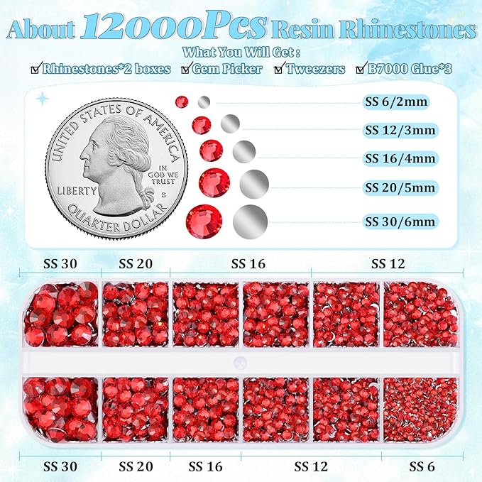 12000Pcs Resin Rhinestones for Bedazzling with 3Pcs B7000 Jewelry Glue, 2 Boxes Red Flatback Rhinestones for Crafting Crafts DIY, Crystals Gems for Clothing Shoes Tumblers Nail Art Makeup